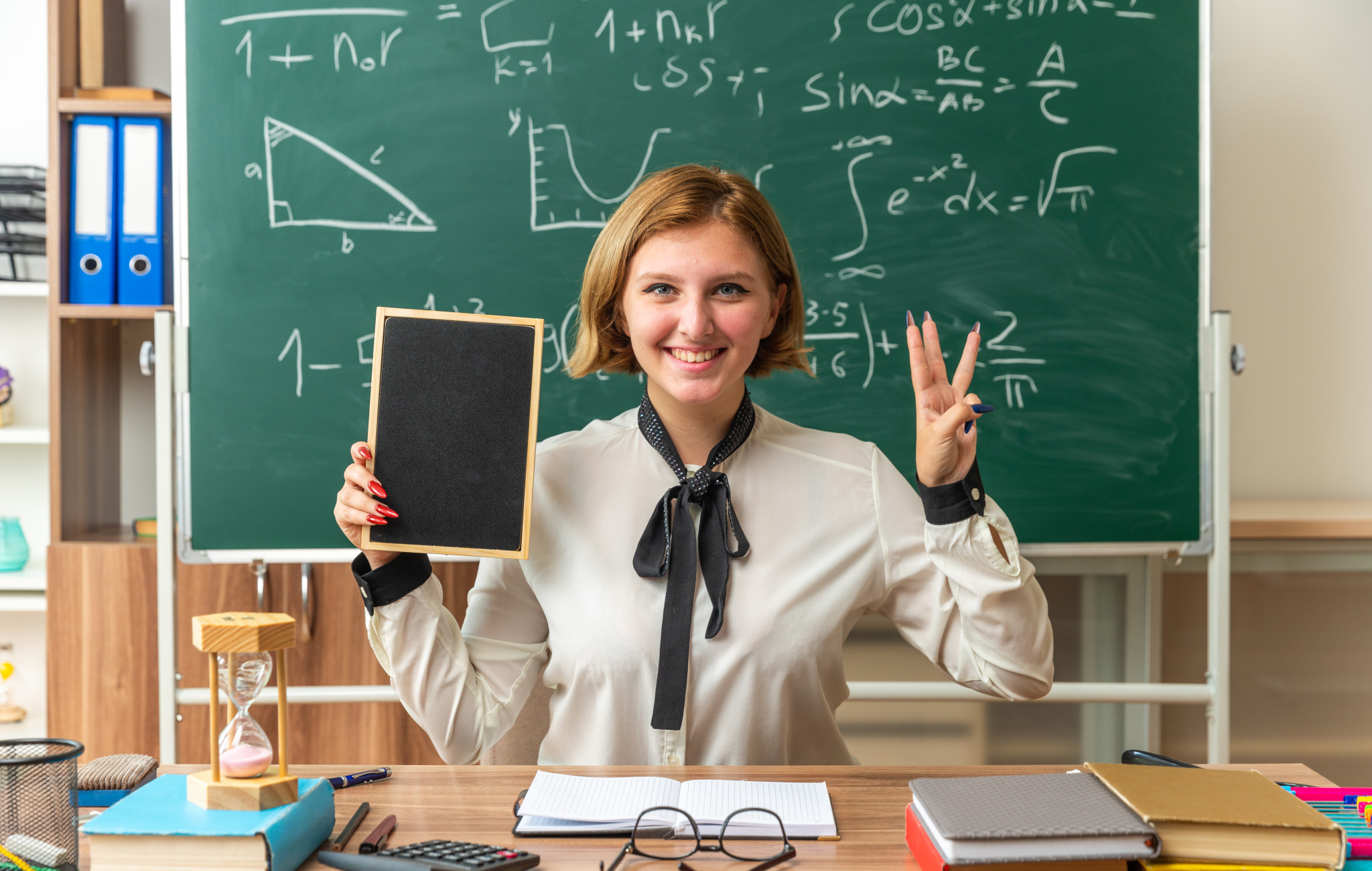 smiling-young-female-teacher-sits-table-with-school-supplies-holding-mini-blackboard-showing-three-classroom